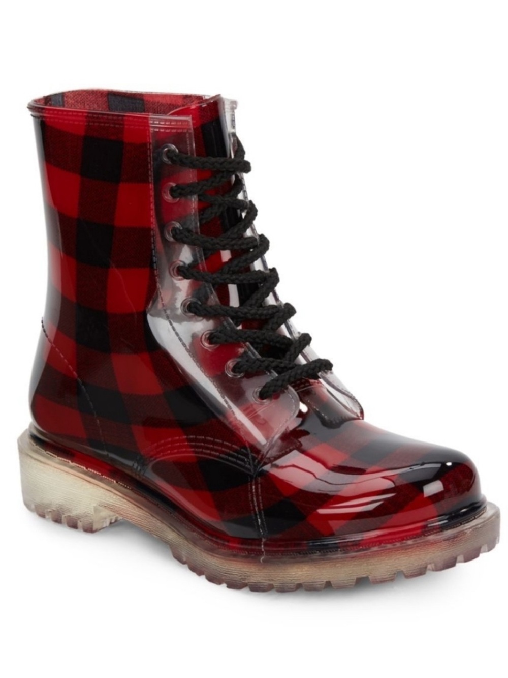 Dirty Laundry Red and Black Plaid Lace-Up Rain Boot size 8